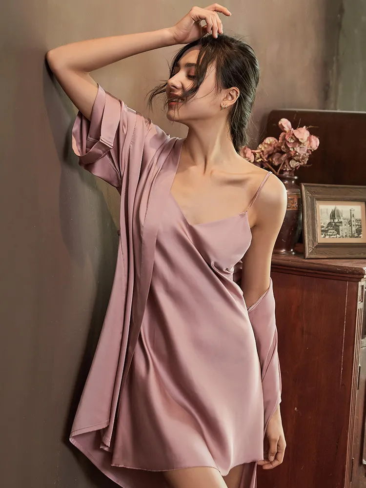 Solid Color Satin Nightdress & Robe Set