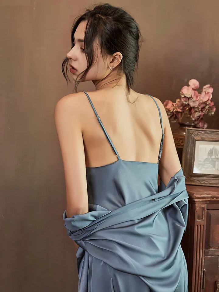 Solid Color Satin Nightdress & Robe Set