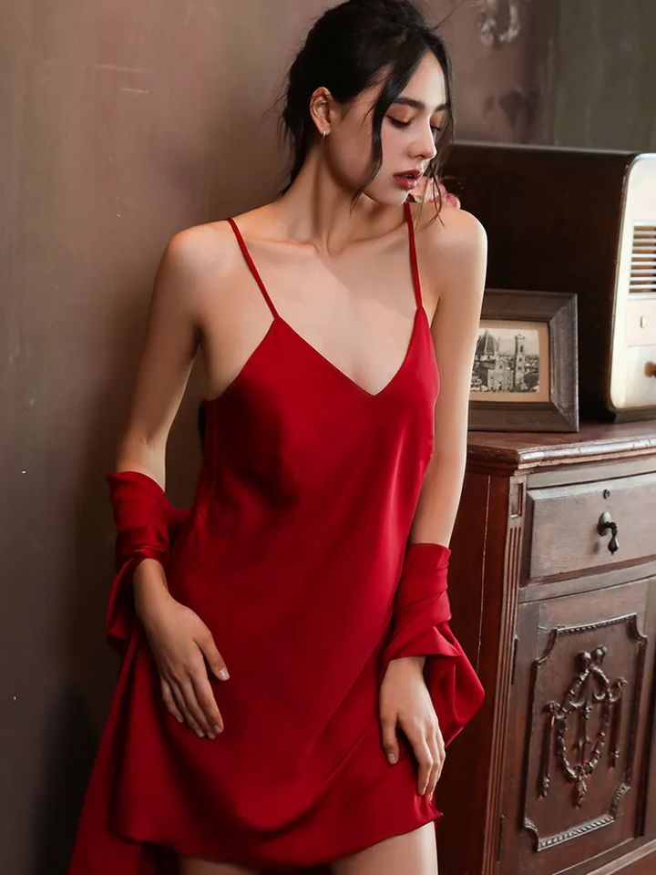 Solid Color Satin Nightdress & Robe Set