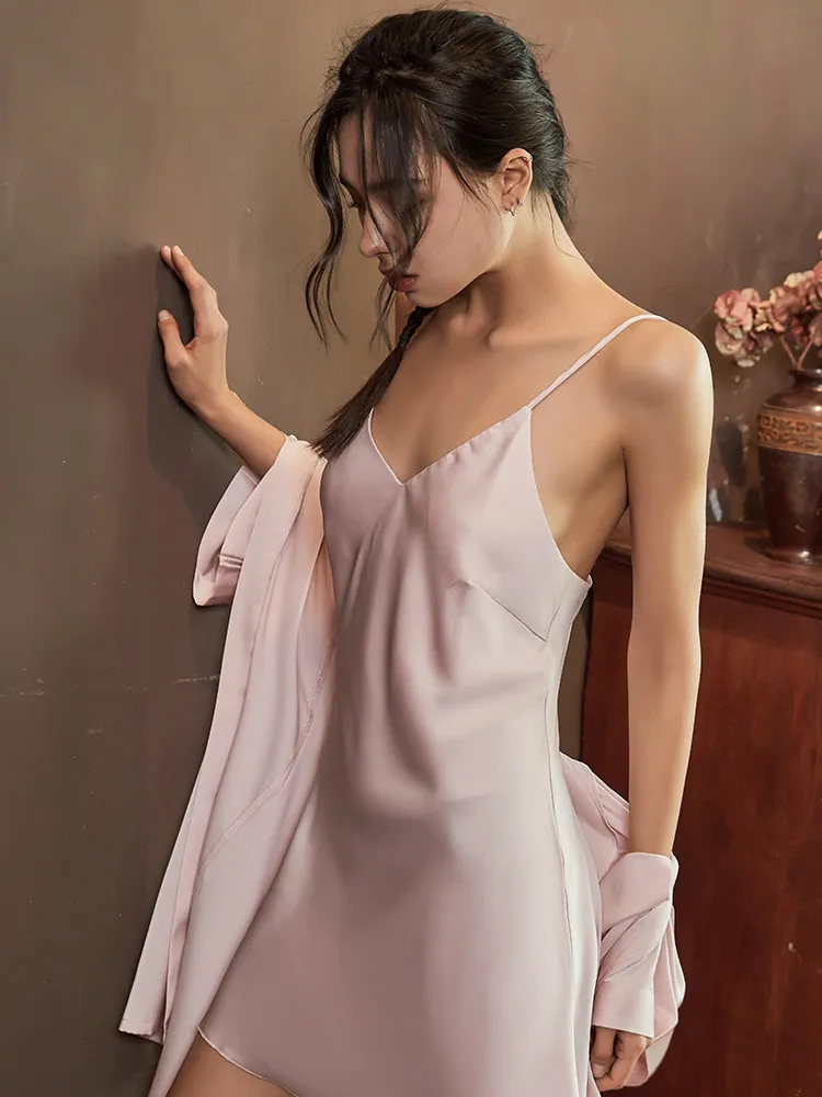 Solid Color Satin Nightdress & Robe Set