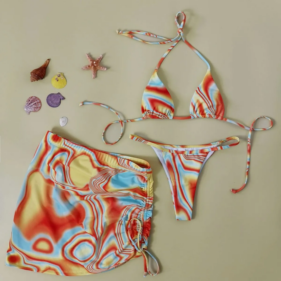 Summer Women Fashion Sexy Multicolor Corrugated Print Halter Neck Bikini Swimsuit Drawstring Skirt Three-Piece Set