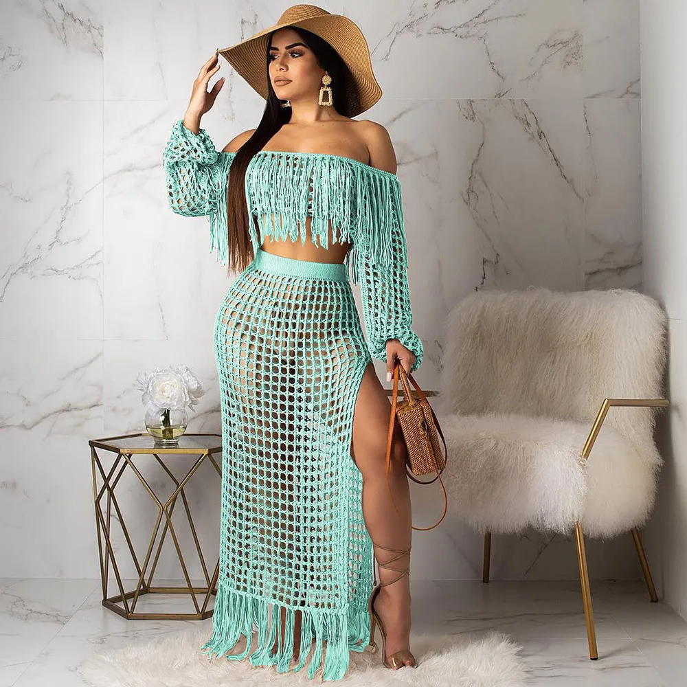 Summer Drift Tassel Knit Two-Piece Beach Cover-Up Set