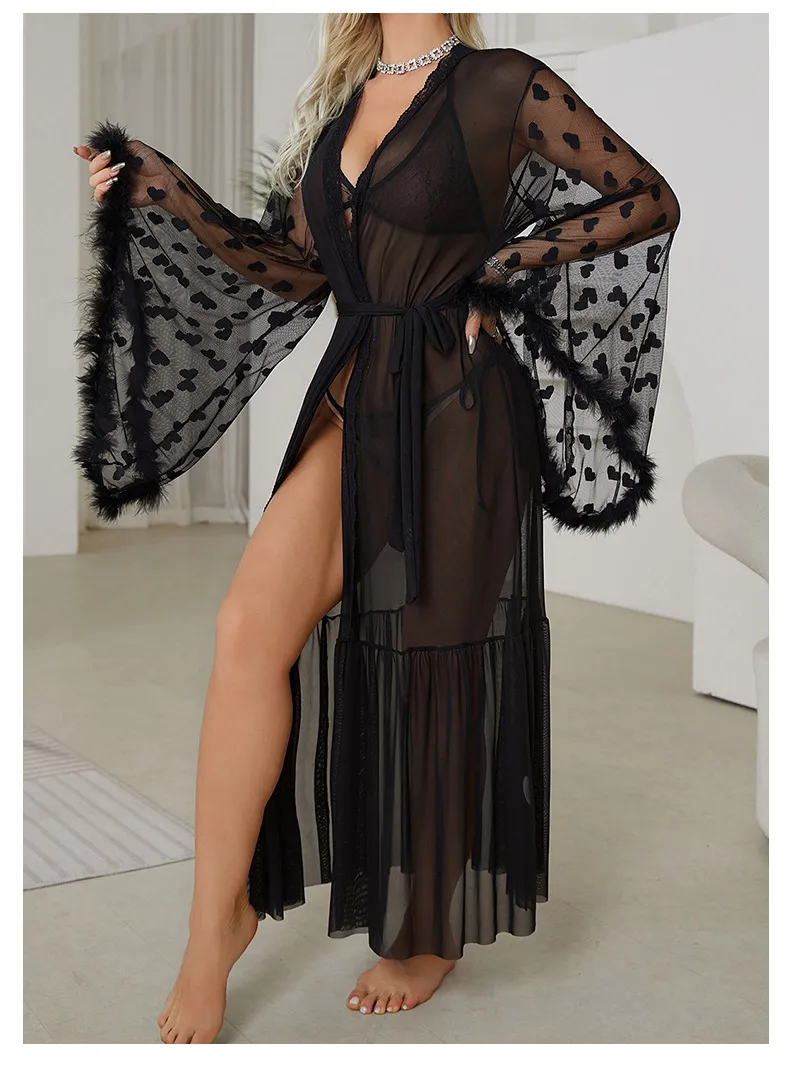 Heart Mesh Feather Trim Long Sleeve Pajama Set