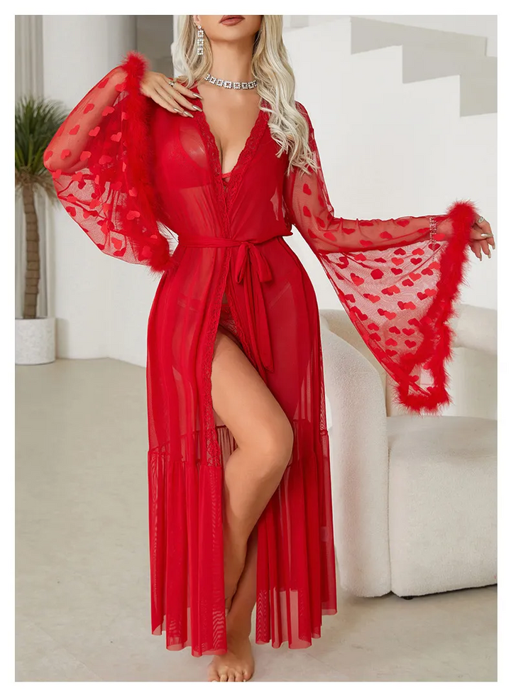 Heart Mesh Feather Trim Long Sleeve Pajama Set