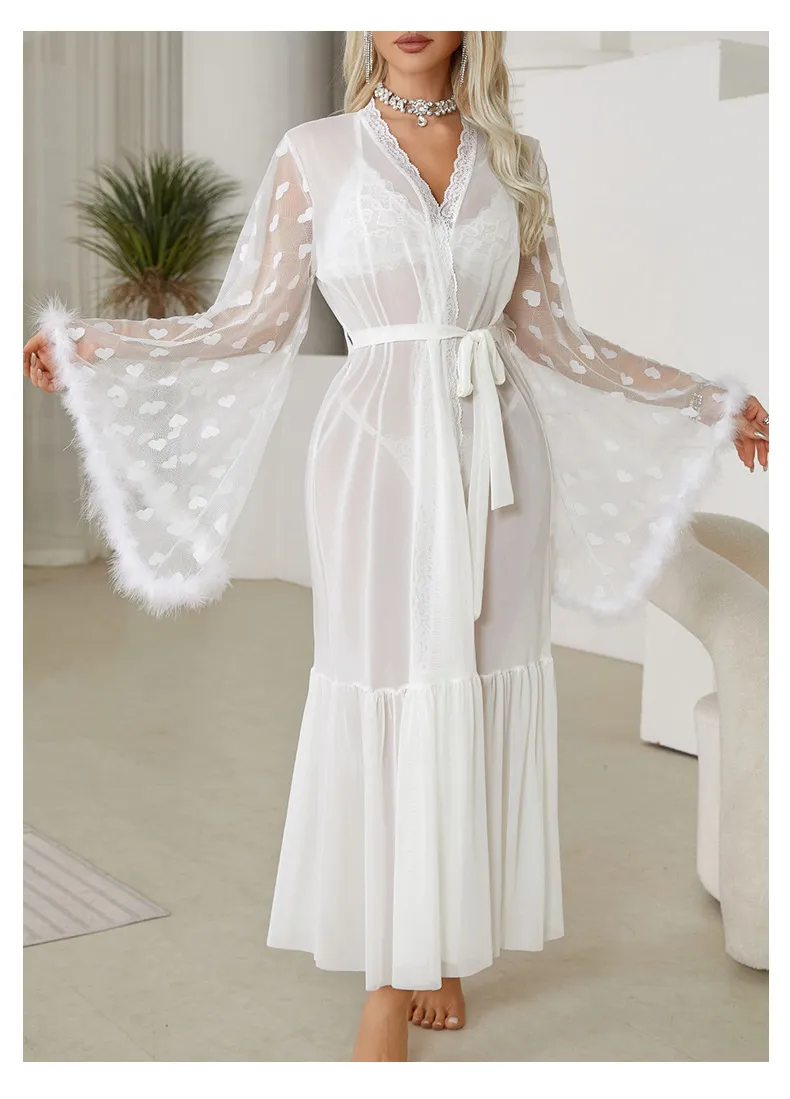 Heart Mesh Feather Trim Long Sleeve Pajama Set