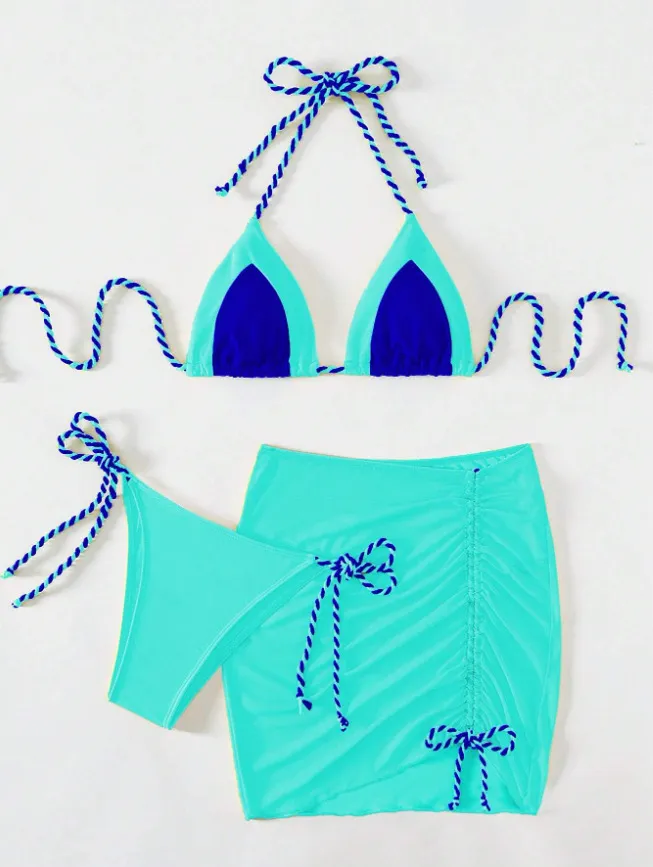 Women Fashion Sexy Halter Neck Lace-Up Bikini Swimsuit Three-Piece Set