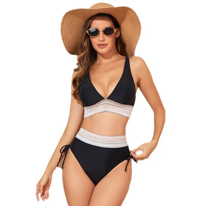 Deep V Ribbon High-Waist Bikini Set