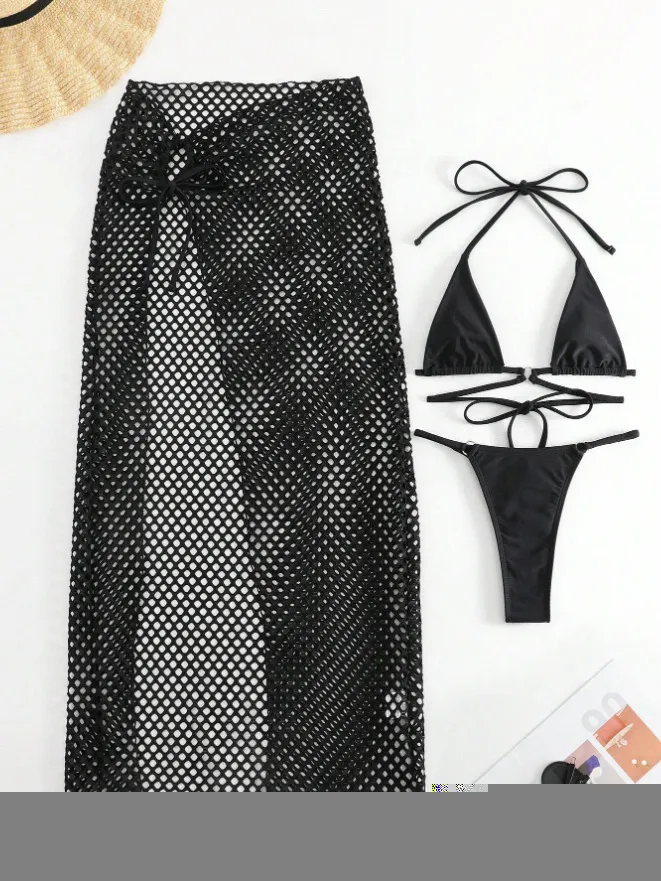 Swimsuit Women Three-Piece Sexy Split Bikini Long Skirt Solid Color Halter Strap Set