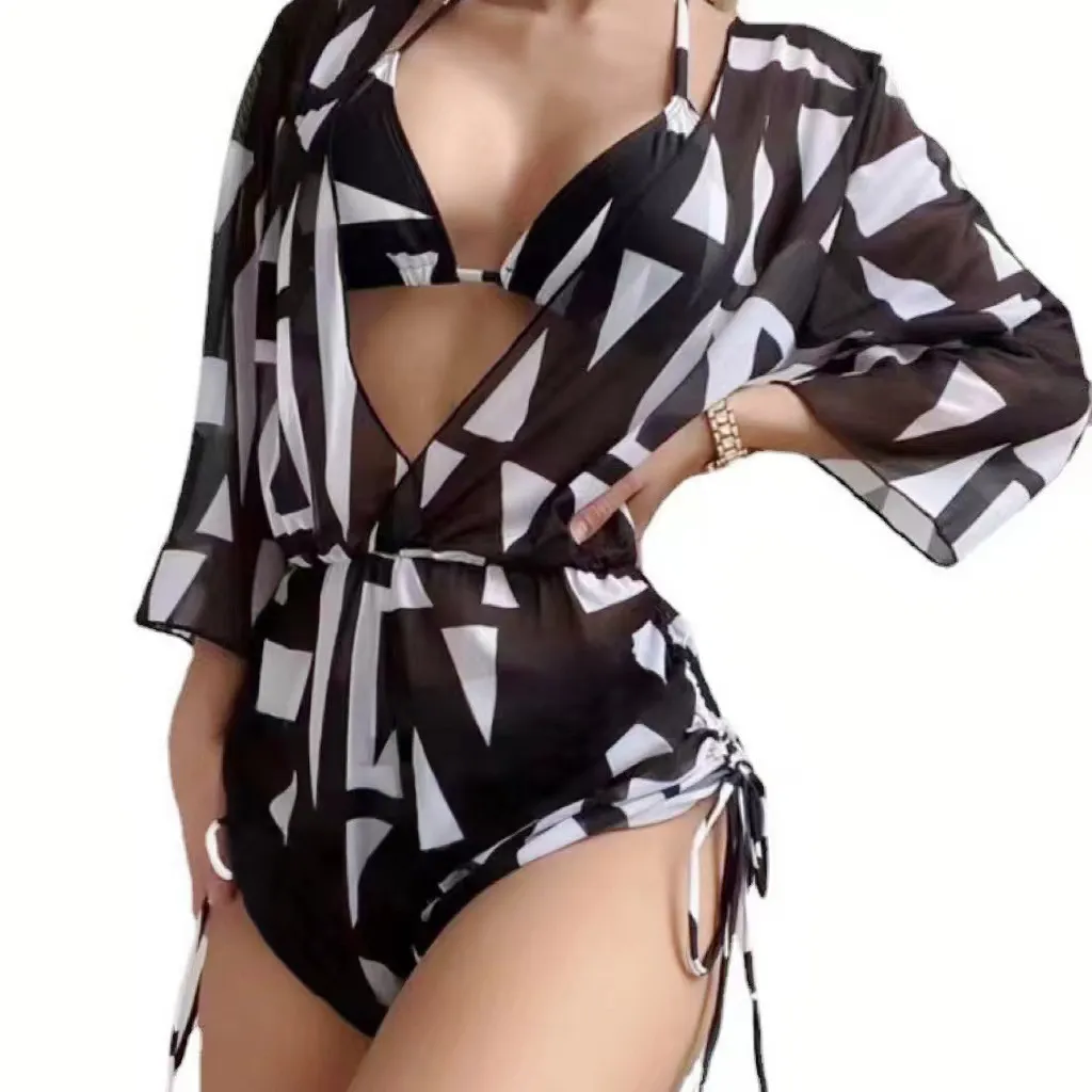 Summer Women Fashion Sexy Leaves Printed Bikini Swimwear Sunscreen Cover-Ups Three-Piece Set