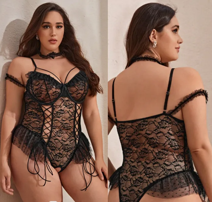 Plus Size Sheer Lace Sling Lingerie Bodysuit