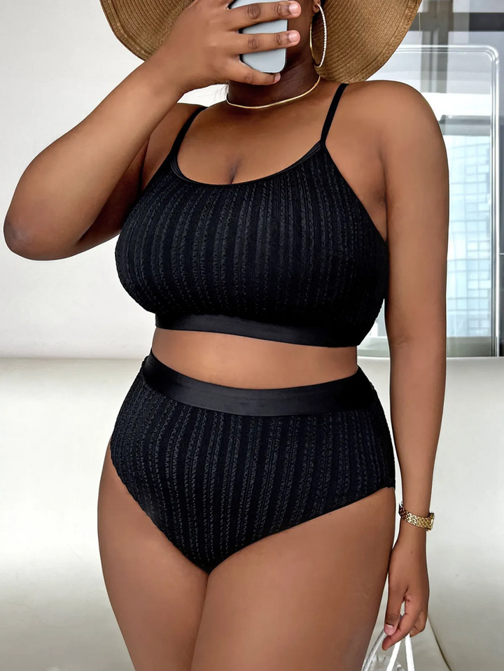Summer Women Fashionable Plus Size Solid Color Sling High Waist Swimsuit Set