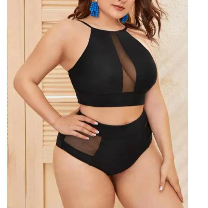 Women Plus Size Leopard Print Mesh Patchwork Halter Neck Two-Piece Swimwear