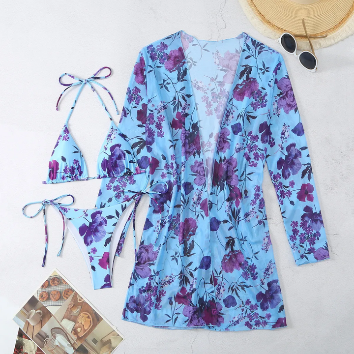 Women Fashion Floral Printed Mesh Bikini Swimsuit Three-Piece Set