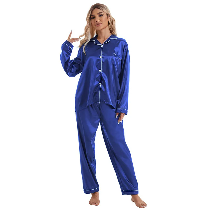 Casual Ice Silk Lapel Long Sleeve Pajama Set