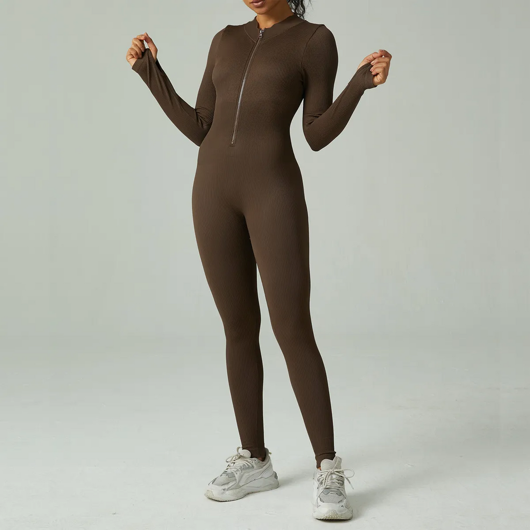 Long Sleeve Tight Fit Zipper Front Yoga Jumpsuit