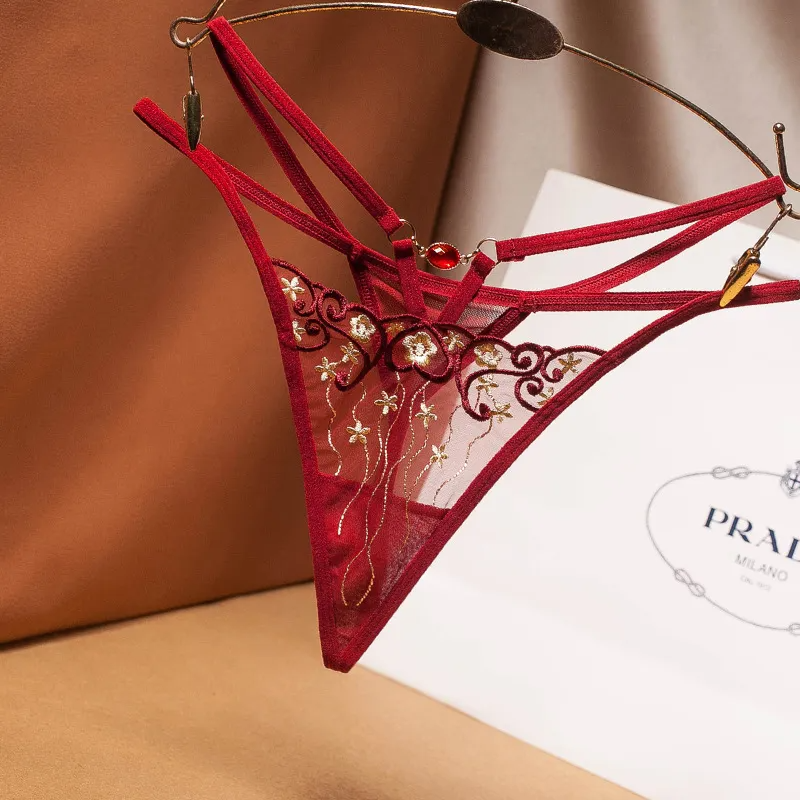 Embroidered Sheer Mesh Thong