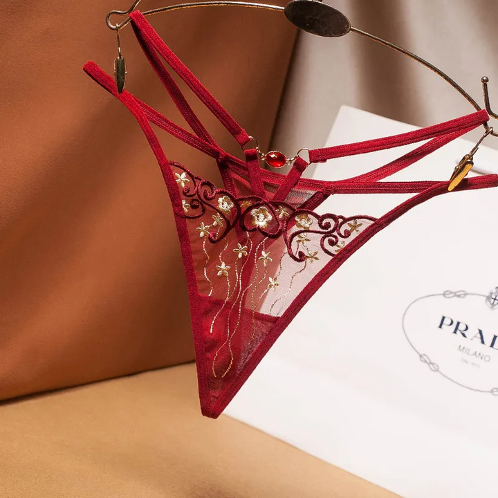 Embroidered Sheer Mesh Thong