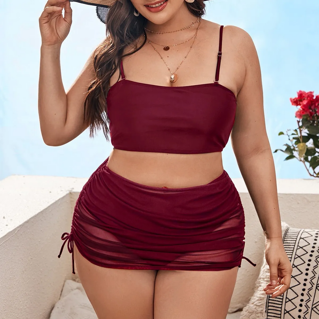 Summer Women Fashion Plus Size Solid Color Sling Mesh Swimsuit Three-Piece Set