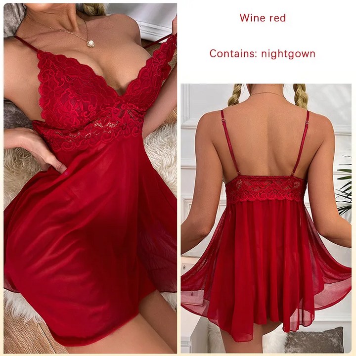 Deep V Sheer Lace Mesh Pajama Set