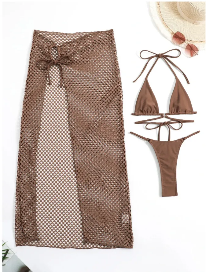 Swimsuit Women Three-Piece Sexy Split Bikini Long Skirt Solid Color Halter Strap Set