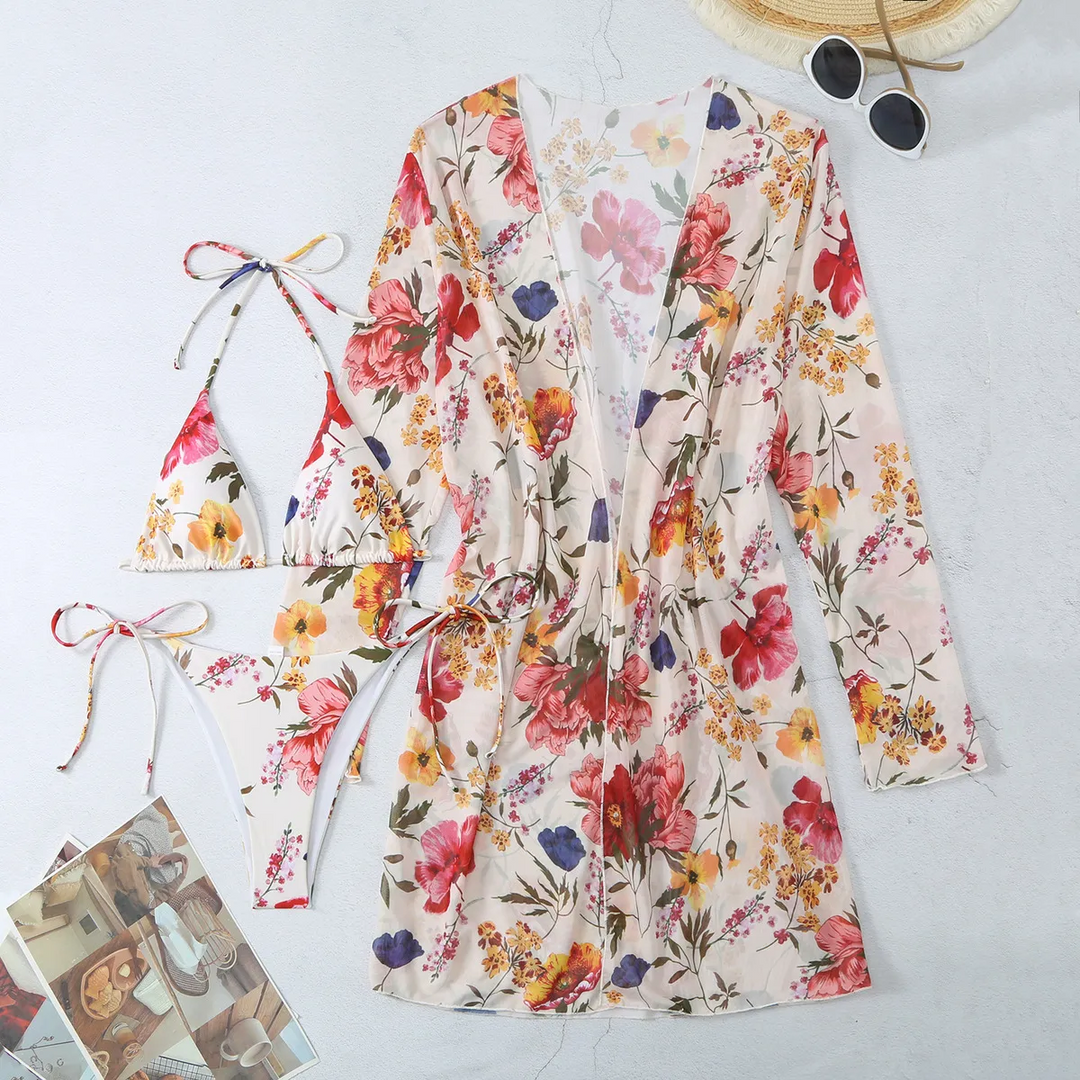 Women Fashion Floral Printed Mesh Bikini Swimsuit Three-Piece Set