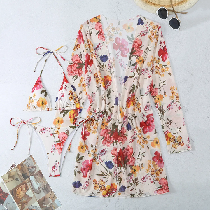 Women Fashion Floral Printed Mesh Bikini Swimsuit Three-Piece Set