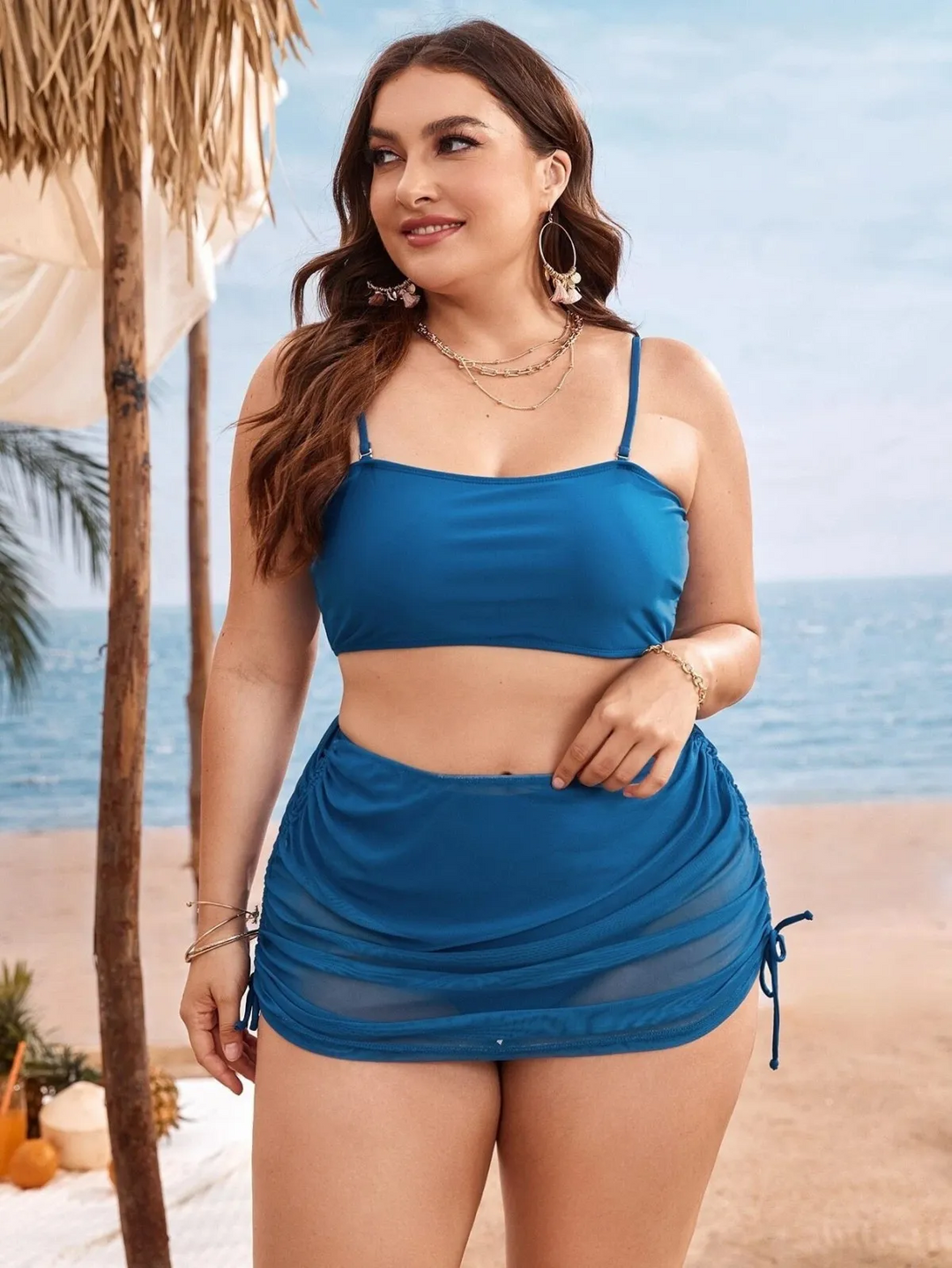 Summer Women Fashion Plus Size Solid Color Sling Mesh Swimsuit Three-Piece Set