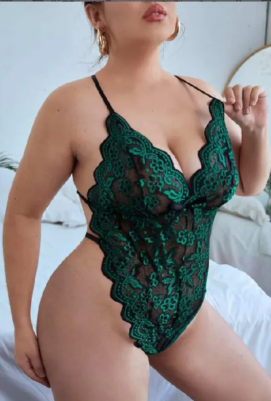 Plus Size Sheer Lace Backless Lingerie Bodysuit