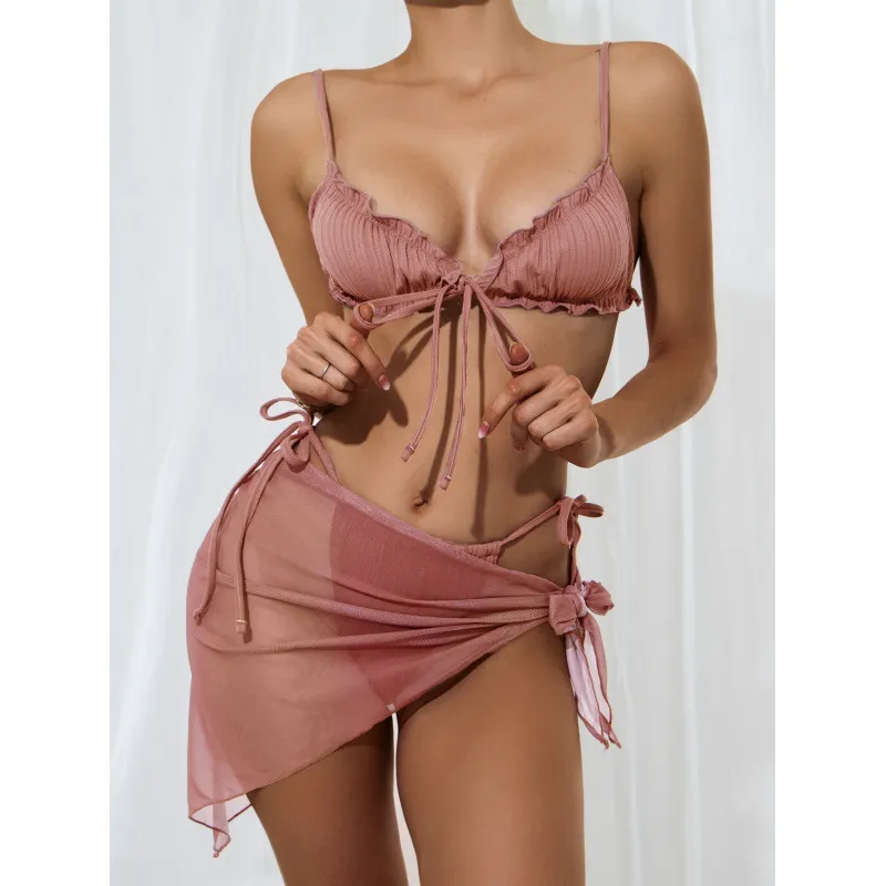 Women Solid Color Lace-Up Bikini Three-Piece High Waist Mesh Split Swimsuit