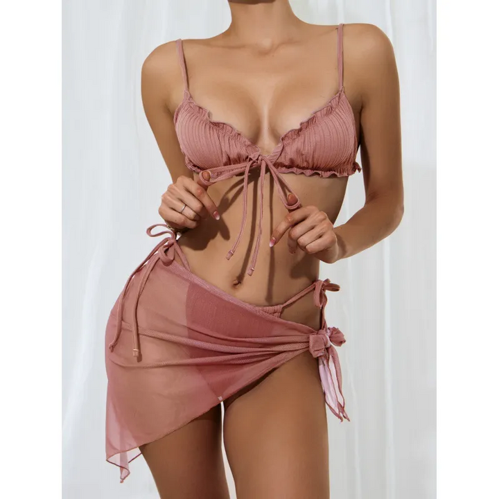 Women Solid Color Lace-Up Bikini Three-Piece High Waist Mesh Split Swimsuit