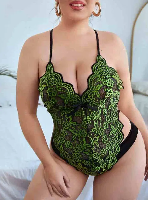 Plus Size Sheer Lace Backless Lingerie Bodysuit