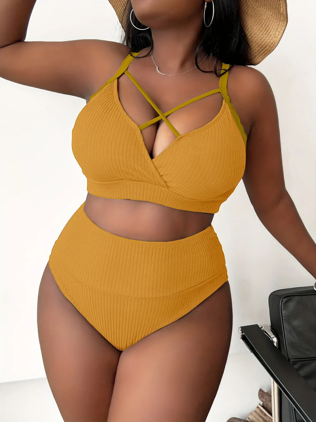 Summer Women Fashion Sexy Plus Size Solid Color Cross Hollow Sling High Waist Swimsuit Set