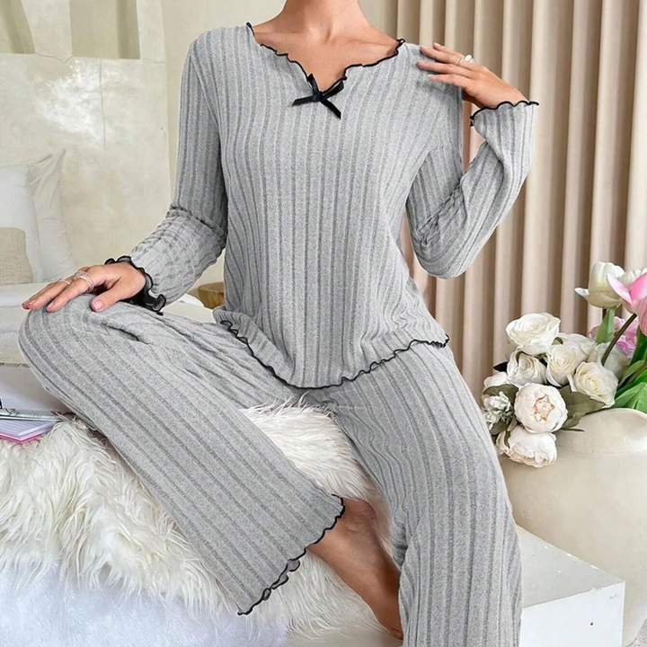 Casual Solid Color Ruffle Trim Loungewear Set