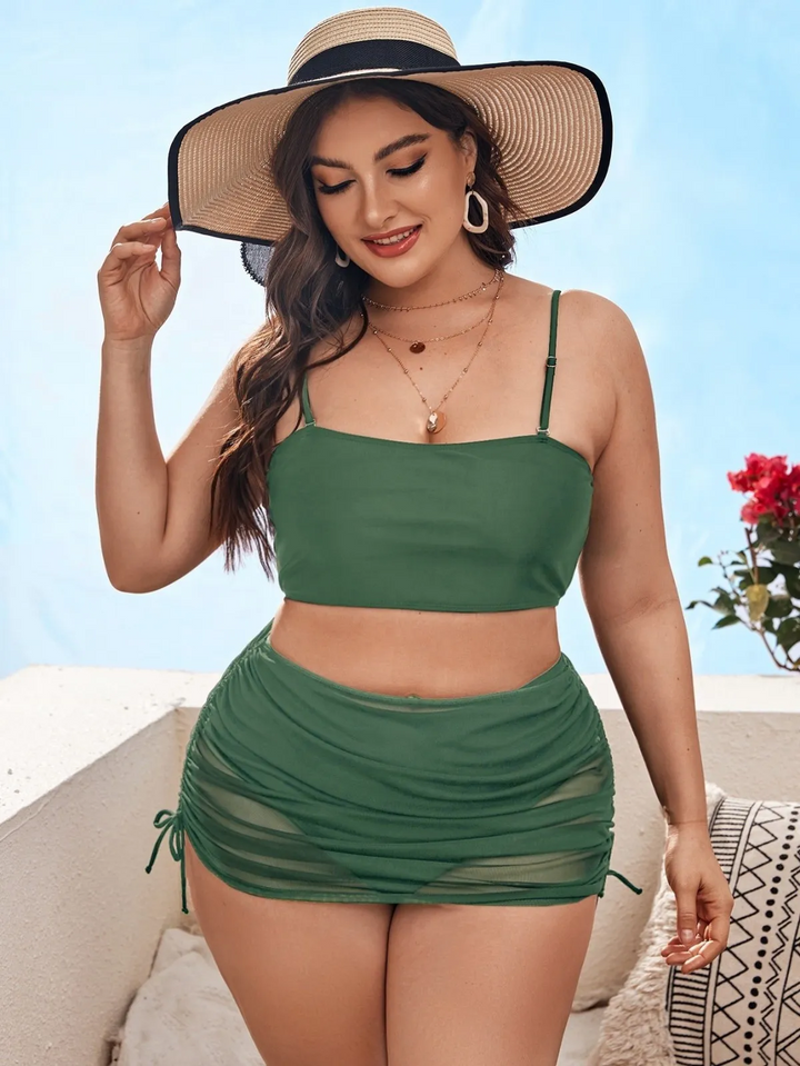 Summer Women Fashion Plus Size Solid Color Sling Mesh Swimsuit Three-Piece Set