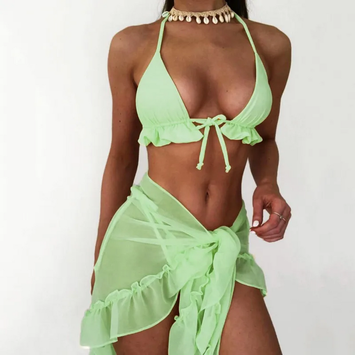 Women Halterneck Lace Pleated Mesh Skirt Bikini Set