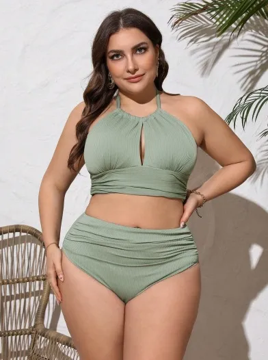 Women Fashion Sexy Plus Size Halter Neck Hollow High Waist Swimsuit Set