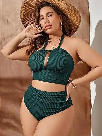 Women Fashion Sexy Plus Size Halter Neck Hollow High Waist Swimsuit Set
