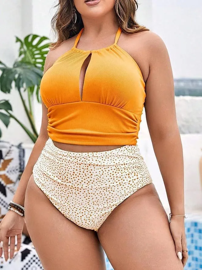 Women Fashion Sexy Plus Size Halter Neck Hollow High Waist Swimsuit Set