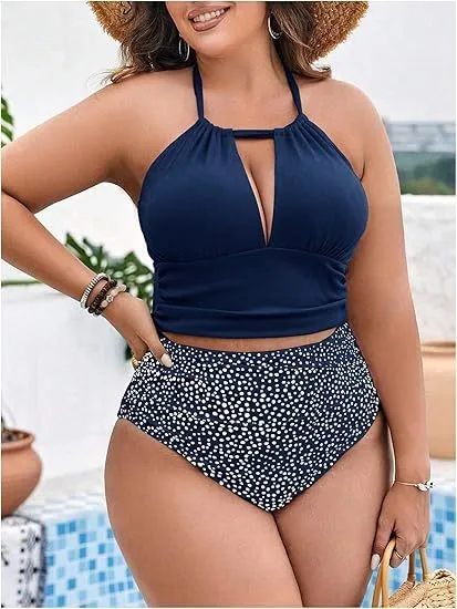 Women Fashion Sexy Plus Size Halter Neck Hollow High Waist Swimsuit Set