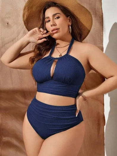 Women Fashion Sexy Plus Size Halter Neck Hollow High Waist Swimsuit Set