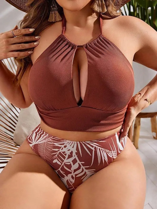Women Fashion Sexy Plus Size Halter Neck Hollow High Waist Swimsuit Set