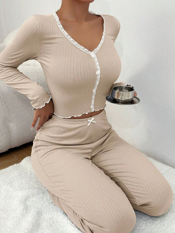 Casual Solid Color Lace Loungewear Set