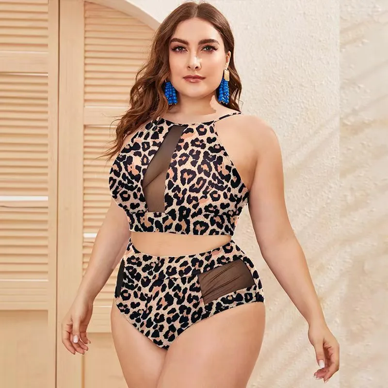 Women Plus Size Leopard Print Mesh Patchwork Halter Neck Two-Piece Swimwear