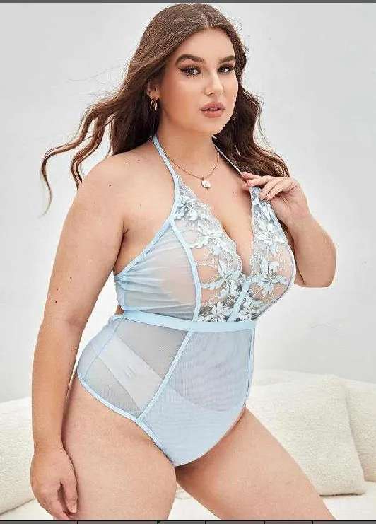 Plus Size Sheer Lace Backless Garter Lingerie Set