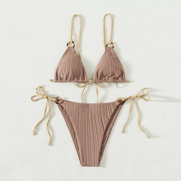Solid Color Lace-Up Bikini Swimsuit Set