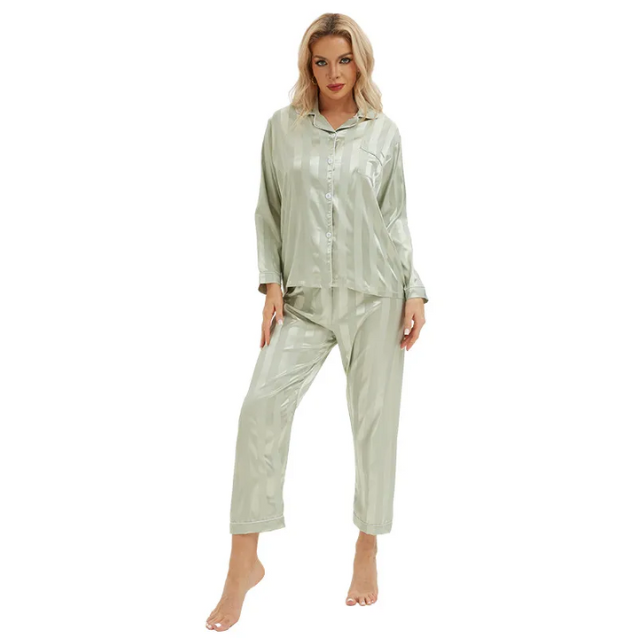 Casual Striped Imitation Silk Long Sleeve Pajama Set