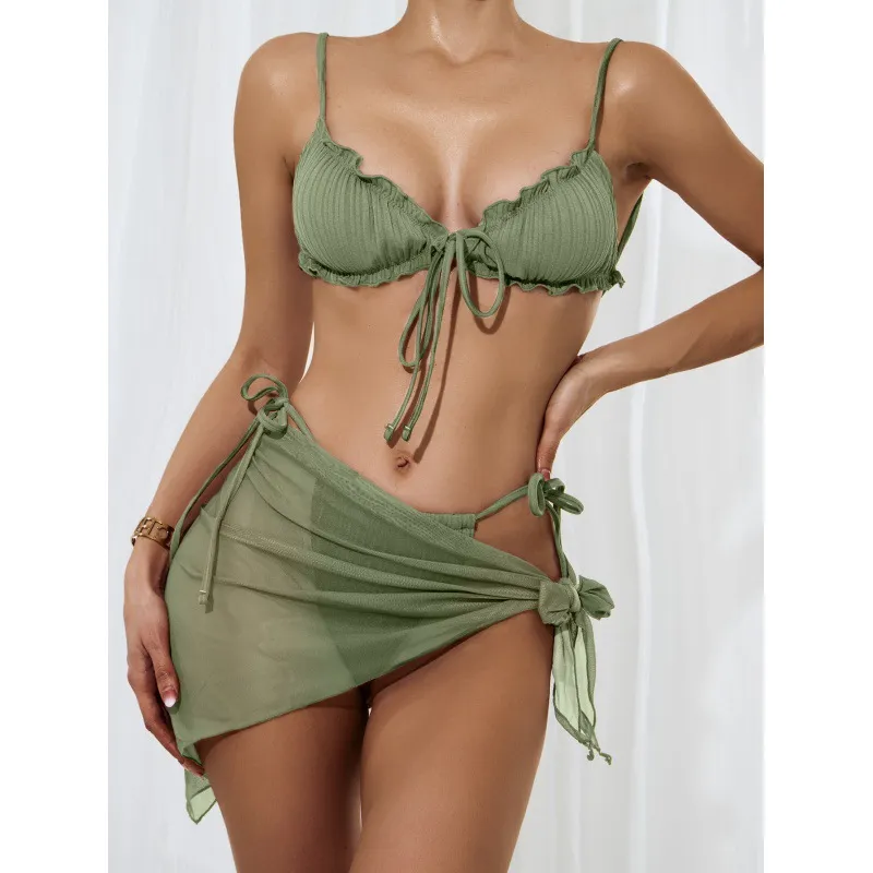 Women Solid Color Lace-Up Bikini Three-Piece High Waist Mesh Split Swimsuit