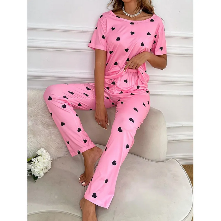 Casual Heart Print Short Sleeve and Pants Pajama Set