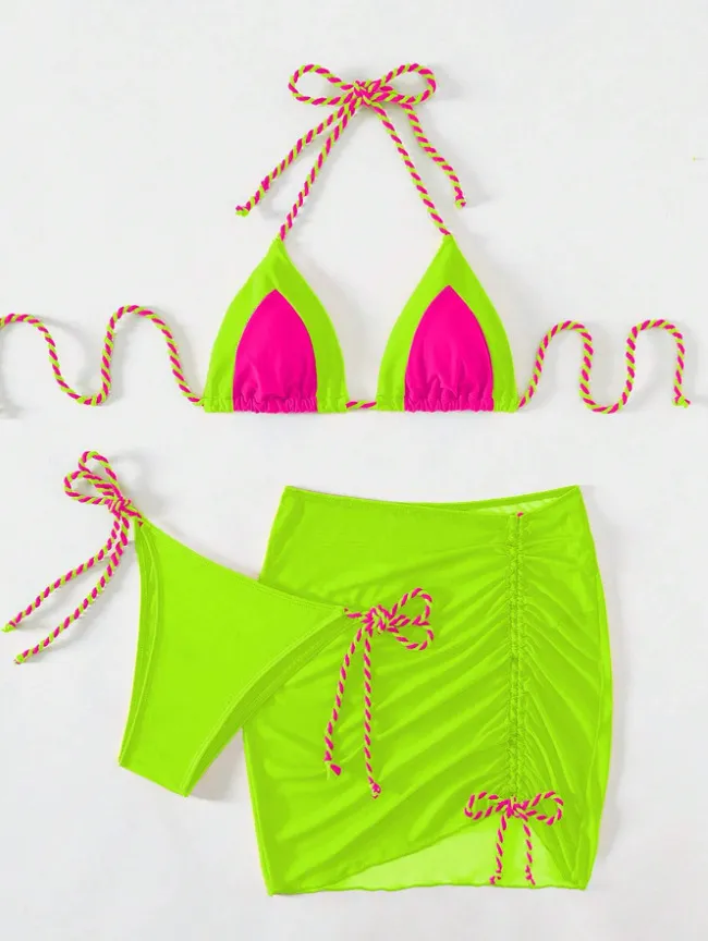 Women Fashion Sexy Halter Neck Lace-Up Bikini Swimsuit Three-Piece Set
