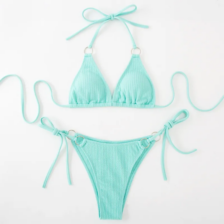 Solid Color Halter Lace-Up Bikini Set